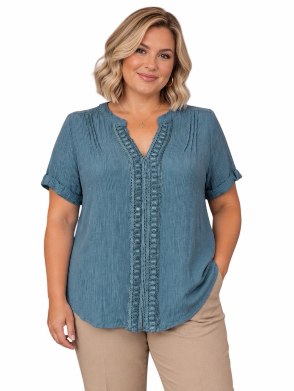 Flower & Feather Large Blue Crinkle Texture Short Sleeve Split Neckline Blouse